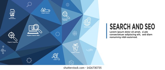 Search & SEO Web Header Hero Image Banner with organic growth, search, and locality ideas icon set