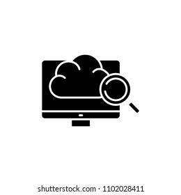 Search service in cloud black icon concept. Search service in cloud flat  vector symbol, sign, illustration.