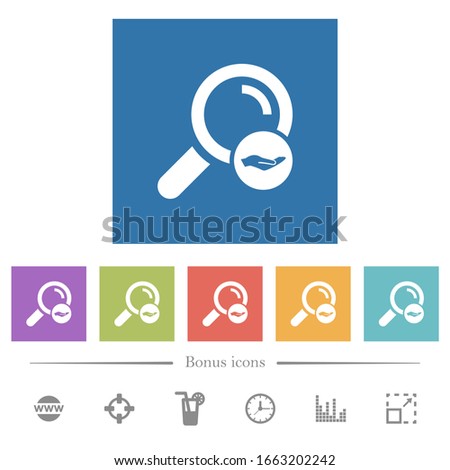 Search services flat white icons in square backgrounds. 6 bonus icons included.