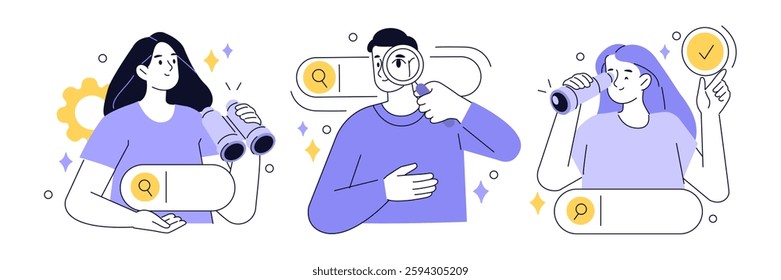 Search set. Collection of characters using binocular, spyglass, magnifying glass for searching or browsing internet. SEO concept. Vector illustration.