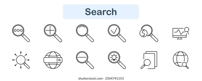 Search set icon. Magnifying glass, focus, check, globe, document, graph, dollar, idea, symbol, digital, online, information, exploration, data, research, internet, analytics, find.