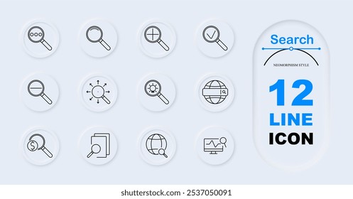 Ícone do conjunto de pesquisa. Lentes de aumento com sinal de mais, menos, marca de seleção, globo, documento, zoom, lâmpada, motor de busca, gráfico.