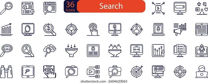 Search set of web icons in line style. Magnifying glass linear icon collection. Containing SEO, Digital marketing, data analysis, management, investigate, find and more.