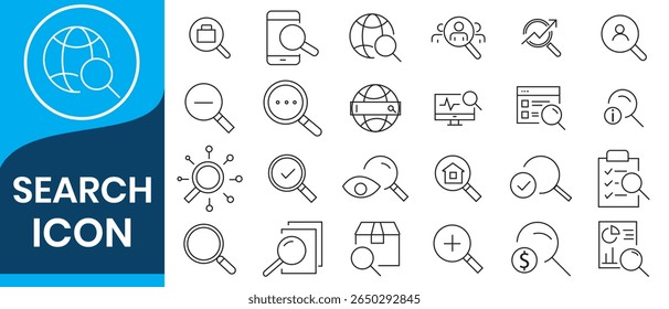 Search set of web icons in line style. Magnifying glass linear icon collection. Containing SEO, Digital marketing, data analysis, management, investigate, find and more.

