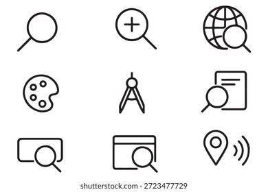 Conjunto de Búsqueda de iconos web en estilo de línea. Colección de icono lineal de lupa. Contiene SEO, marketing digital, análisis de datos, gestión, investigar, encontrar y más. Trazo editable