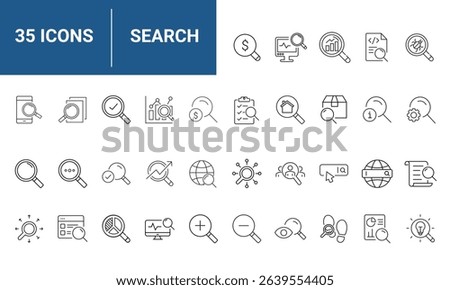 Search set of web icons in line style. Magnifying glass linear icon collection. Containing SEO, Digital marketing, data analysis, management, investigate, find and more. Editable stroke