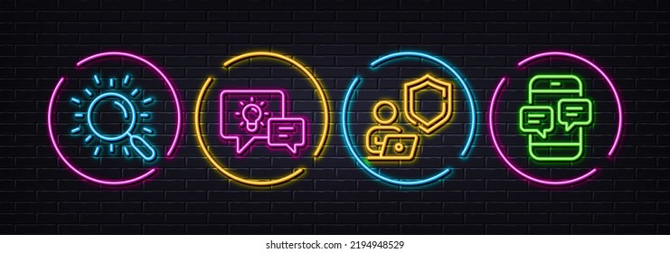 Iconos de línea mínimos para la lámpara Search, Shield e Idea. Luces 3d láser neón. Iconos de mensajes de teléfono. Para web, aplicación, impresión. Buscar documento, Seguridad en línea, Energía empresarial. Chat móvil. Vector