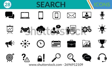 Search silhouette icon set. Including Home, Car, Person, Heart, Lightbulb, Chat Bubble, Tree, Camera, Coffee Cup, Moon. Vector silhouette illustration.