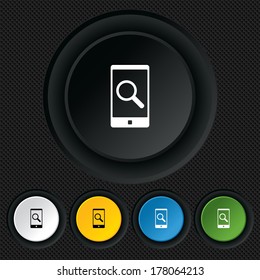 Search in Smartphone sign icon. Find in phone symbol. Round colourful buttons on black texture. Vector