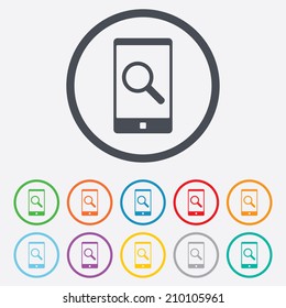Search in Smartphone sign icon. Find in phone symbol. Round circle buttons with frame. Vector