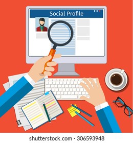 Search Social Profile. Screen with social network. Flat design, vector illustration.