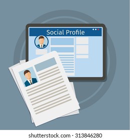 Search Social Profile. Tablet with social network. Flat design, vector illustration.