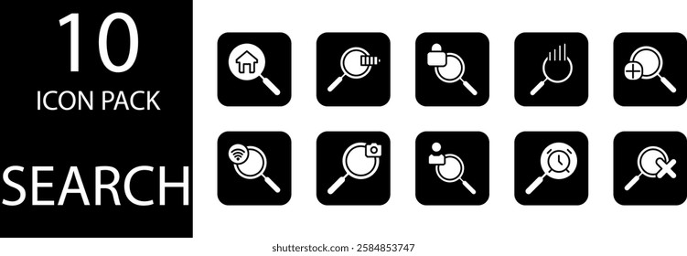 search Solid Editable Icons set, Search themed solid icons with a clear and proportional detailed display.
