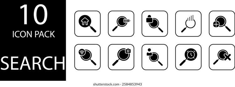 search Solid Editable Icons set, Set of solid search icons with various additional elements, such as categories, filters, and arrows.