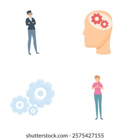 Search solution icons set cartoon vector. People in calm and focused state. Zen, harmony concept