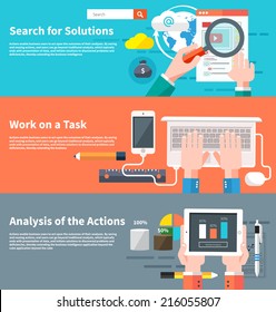 Search for solutions infographic. Concept of businessman using mobile phone for internet browsing, email correspondence and other business task. Analytics information and process of development