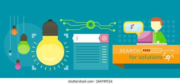 Search for solutions infographics. Man work with laptop and analyze website in flat design style