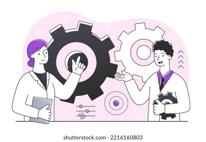 Search for solutions. Man and woman on background of gears, logical processes, analysis. Brainstorm, idea and insight. Partners and colleagues. Poster or banner. Cartoon flat vector illustration
