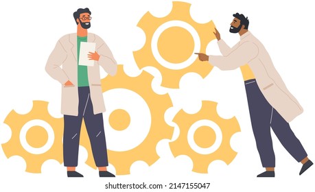 Search for solutions, project creation concept. People in lab coats create plan of new startup. Scientists working on innovative idea. Chemists near gears as symbols of invention vector illustration