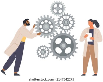 Search for solutions, project creation concept. People in lab coats create plan of new startup. Scientists working on innovative idea. Chemists near gears as symbols of invention vector illustration