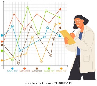 Search for solutions, scientific analysis concept. Woman looking at statistical chart. Scientist works with data analytics and research of statistics. Person with magnifying glass analyzes diagram