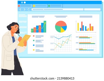Search for solutions, scientific analysis concept. Woman looking at statistical chart. Scientist works with data analytics and research of statistics. Person with magnifying glass analyzes diagram
