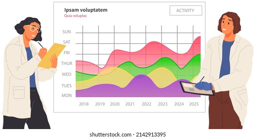 Suche nach Lösungen, wissenschaftliches Analysekonzept. Frauen, die sich statistische Diagramme ansehen. Der Wissenschaftler arbeitet mit Datenanalyse und Statistikforschung zusammen. Person mit Lupenanalyse-Diagramm