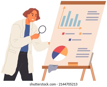 Búsqueda de soluciones, concepto de análisis científico. Hombre mirando el gráfico estadístico. Científico trabaja con análisis de datos e investigación de estadísticas. Persona con diagrama de análisis de vidrio de aumento