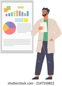 Search for solutions, scientific analysis concept. Man looking at statistical chart. Scientist works with data analytics and research of statistics. Person with magnifying glass analyzes diagram