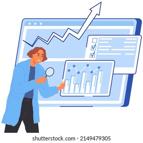 Búsqueda de soluciones, concepto de análisis científico. Hombre mirando el gráfico estadístico. Científico trabaja con análisis de datos e investigación de estadísticas. Persona con diagrama de análisis de vidrio de aumento