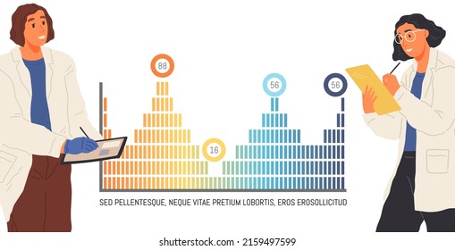 Search for solutions, scientific analysis concept. Woman looking at statistical chart. Scientist works with data analytics and research of statistics. Person with magnifying glass analyzes diagram