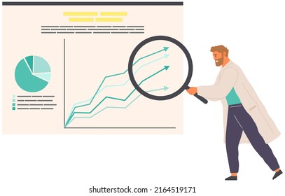 Search for solutions, scientific analysis concept. Man looking at statistical chart. Scientist works with data analytics and research of statistics. Person with magnifying glass analyzes diagram
