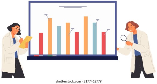 Search for solutions, scientific analysis concept. Woman looking at statistical chart. Scientist works with data analytics and research of statistics. Person with magnifying glass analyzes diagram