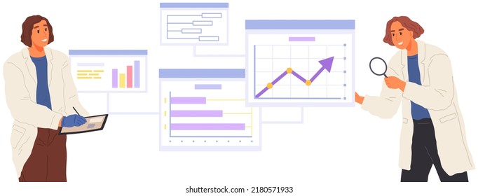 Search for solutions, scientific analysis concept. Woman looking at statistical chart. Scientist works with data analytics and research of statistics. Person with magnifying glass analyzes diagram