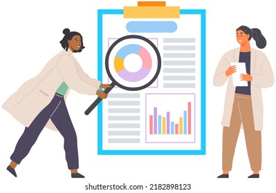 Búsqueda de soluciones, concepto de análisis científico. Mujer mirando el gráfico estadístico. Científico trabaja con análisis de datos e investigación de estadísticas. Persona con diagrama de análisis de vidrio de aumento