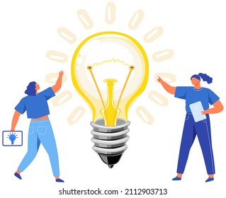 Search for solutions, strategy planning, project creation. Women discussing idea of new project. Brainstorming, teamwork with startup creation concept. Light bulb as symbol of creative idea