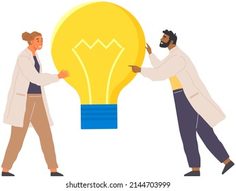 Search for solutions, strategy planning, project creation. People in lab coats discussing idea of new project. Meeting and brainstorming, teamwork of scientists. Colleagues work with generating ideas