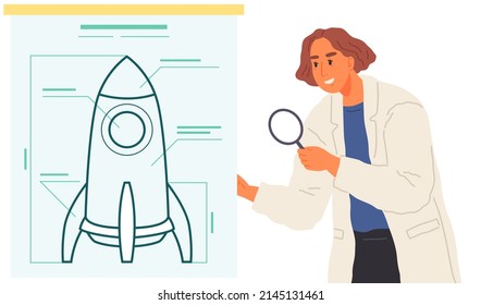 Buscar soluciones, planificación de estrategias, creación de proyectos. Una mujer con bata de laboratorio crea un plan, una idea nueva. Lady trabaja en el desarrollo del proyecto. Ingenieros analizan el cohete como símbolo del lanzamiento inicial