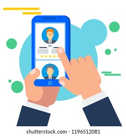 Search for staff for a job online in the mobile job search application. Recruiting and searching for a person among a group of people. Comparison of competence and skills.