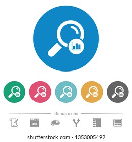 Search statistics flat white icons on round color backgrounds. 6 bonus icons included.