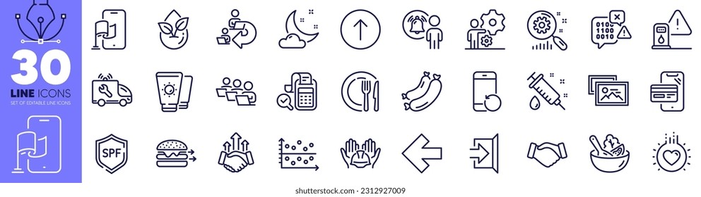 Search statistics, Left arrow and Job line icons pack. Medical syringe, Exit, Dot plot web icon. Sausage, Bill accounting, Organic product pictogram. Swipe up, Love, Car service. Deal. Vector