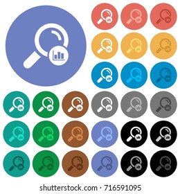 Search statistics multi colored flat icons on round backgrounds. Included white, light and dark icon variations for hover and active status effects, and bonus shades on black backgounds.