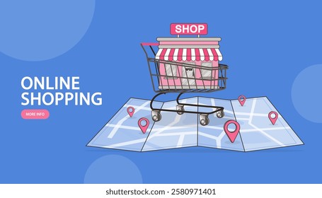 search store. Find closest on city map. Track parcel route via mobile app. Location pins. Courier delivered order. Shopping Store on The Map with Gps Navigation. GPS Navigation and Store Locations.