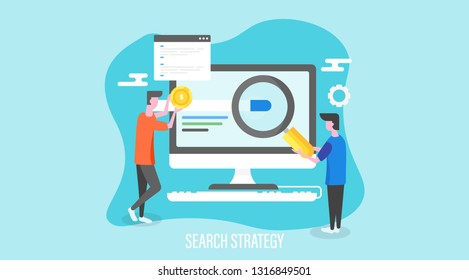 Search Strategy, SEO campaign, Search optimization, flat design vector banner with icons and characters