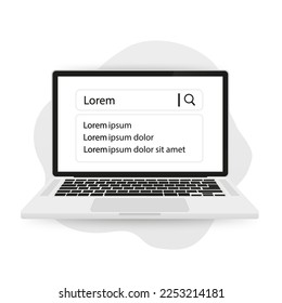 Buscar cadena con cadena de dirección en el portátil. Página de Internet y cadena de búsqueda.Plantilla de panel de búsqueda Web. Ventana de la barra de búsqueda. Plantilla de interfaz de usuario aislada en fondo blanco. Ilustración del vector