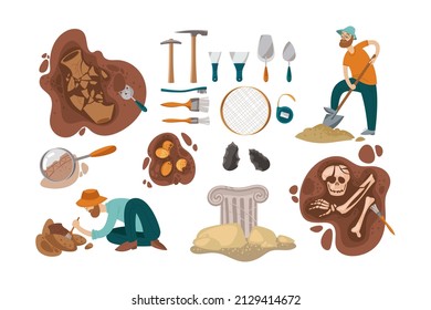 Search and study of ancient fossils by archaeologists set. Vector illustrations of science artifacts. Cartoon tools for discovery, bones of animals, treasures isolated on white. Paleontology concept