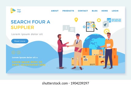 Search for supplier, landing page of business website, businessman shaking hand with partner, partnership, business meeting, successful deal or agreement between businessmen, worldwide delivery