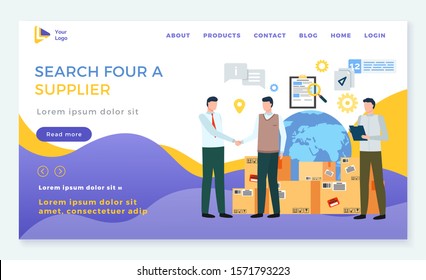 Search For Supplier, Man With Partners On Meeting. Agreement Between Sides. Global Service And Worldwide Delivery For Trade Selling. Globe On Website Or Webpage Template, Landing Page, Vector Flat