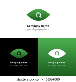Search symbol in eye icon. Logo, icon, sign, emblem vector template. Abstract symbol and button with colorful trend gradient for business, technology, research, medical firm or service company.