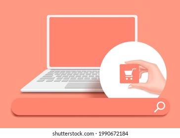 search tab,hand holding a shopping cart icon,and laptop computers, and all object placed on a pastel pink background for shopping online concept,vector 3d isolated for advertising design